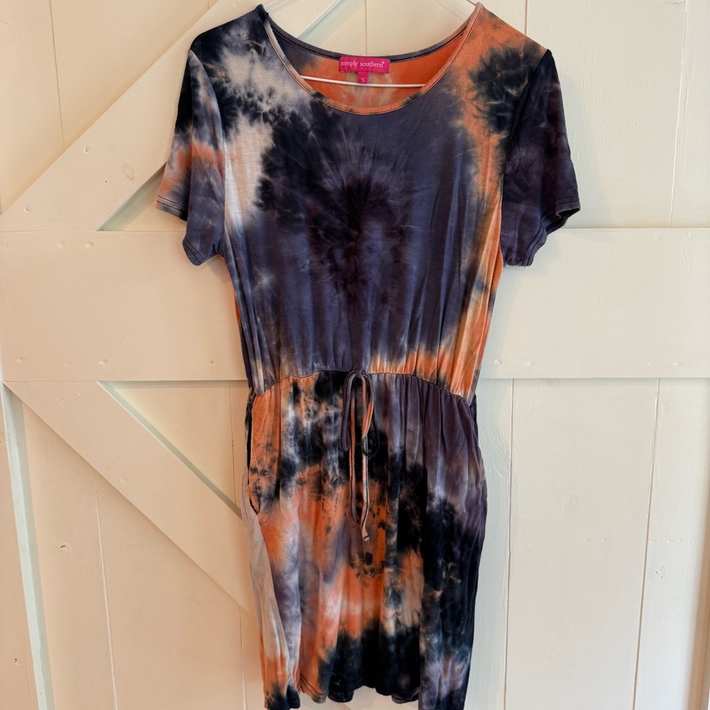 Simply Southern Dress Blue & Orange Tie-Dye Drawstring Waist Pockets Small
